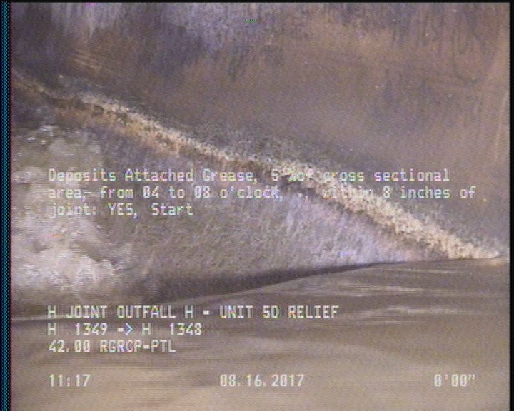 Deposits Attached Grease, 5 %of cross sectional area, from 04 to 08 o'clock, , within 8 inches of joint: YES, Start