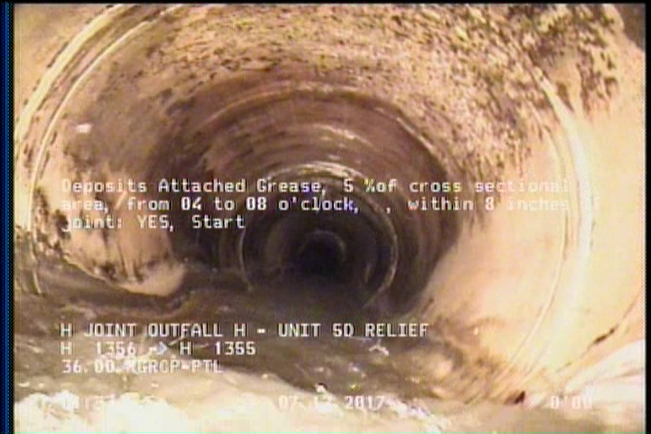 Deposits Attached Grease, 5 %of cross sectional area, from 04 to 08 o'clock, , within 8 inches of joint: YES, Start