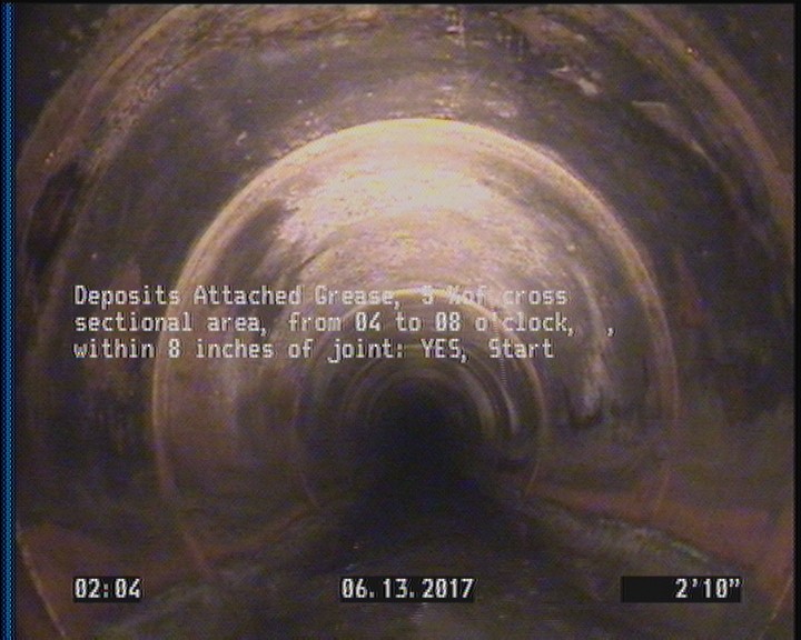 Deposits Attached Grease, 5 %of cross sectional area, from 04 to 08 o'clock, , within 8 inches of joint: YES, Start