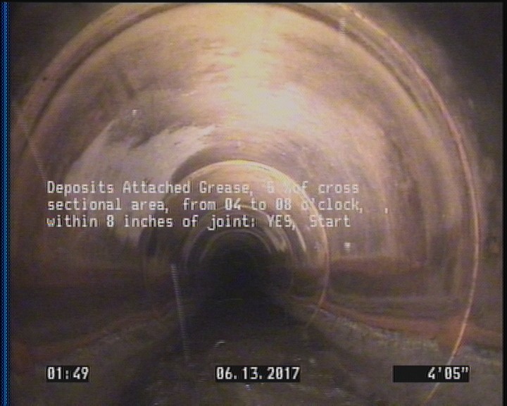 Deposits Attached Grease, 5 %of cross sectional area, from 04 to 08 o'clock, , within 8 inches of joint: YES, Start