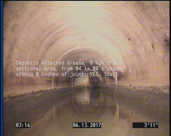 Deposits Attached Grease, 5 %of cross sectional area, from 04 to 08 o'clock, , within 8 inches of joint: YES, Start