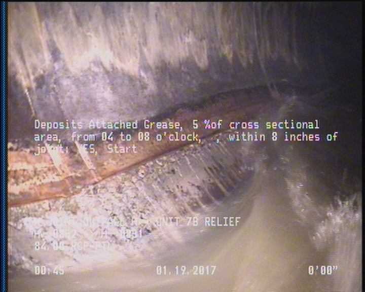 Deposits Attached Grease, 5 %of cross sectional area, from 04 to 08 o'clock, , within 8 inches of joint: YES, Start