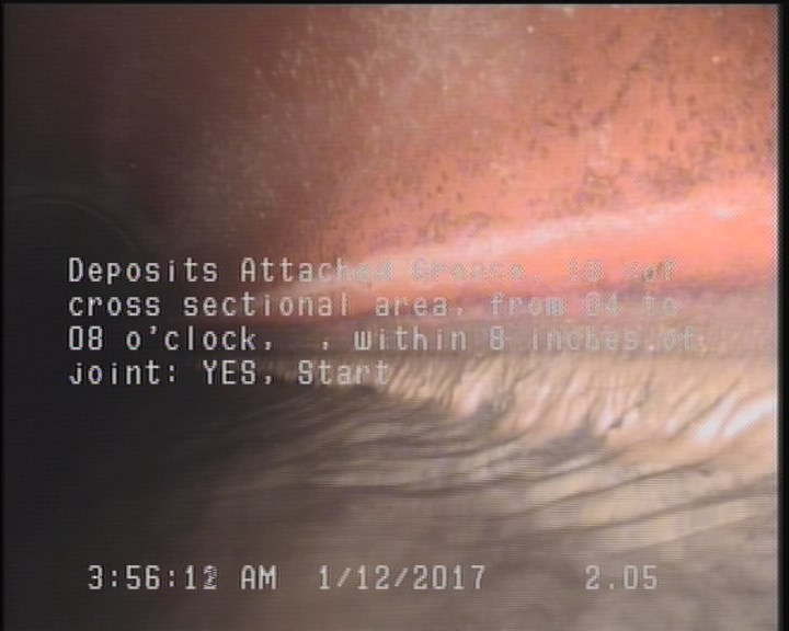 Deposits Attached Grease, 10 %of cross sectional area, from 04 to 08 o'clock, , within 8 inches of joint: YES, Start