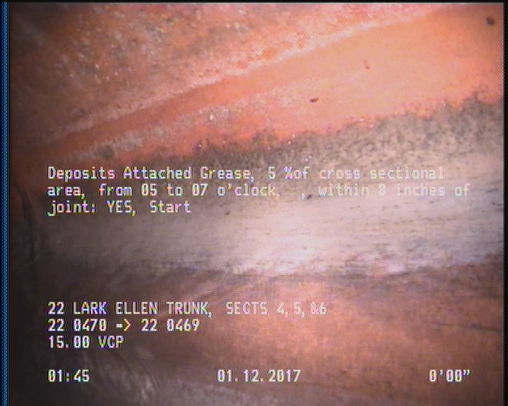 Deposits Attached Grease, 5 %of cross sectional area, from 05 to 07 o'clock, , within 8 inches of joint: YES, Start