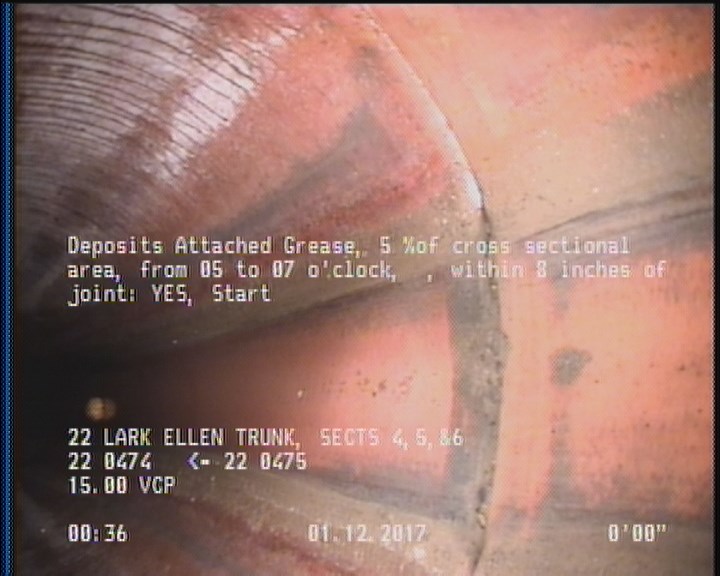 Deposits Attached Grease, 5 %of cross sectional area, from 05 to 07 o'clock, , within 8 inches of joint: YES, Start