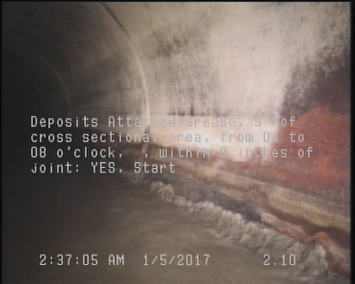 Deposits Attached Grease, 5 %of cross sectional area, from 04 to 08 o'clock, , within 8 inches of joint: YES, Start