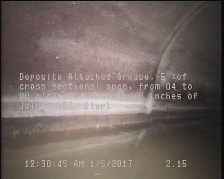 Deposits Attached Grease, 5 %of cross sectional area, from 04 to 08 o'clock, , within 8 inches of joint: YES, Start