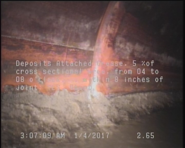 Deposits Attached Grease, 5 %of cross sectional area, from 04 to 08 o'clock, , within 8 inches of joint: YES, Start
