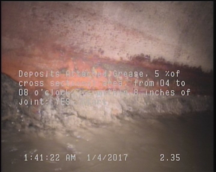 Deposits Attached Grease, 5 %of cross sectional area, from 04 to 08 o'clock, , within 8 inches of joint: YES, Start