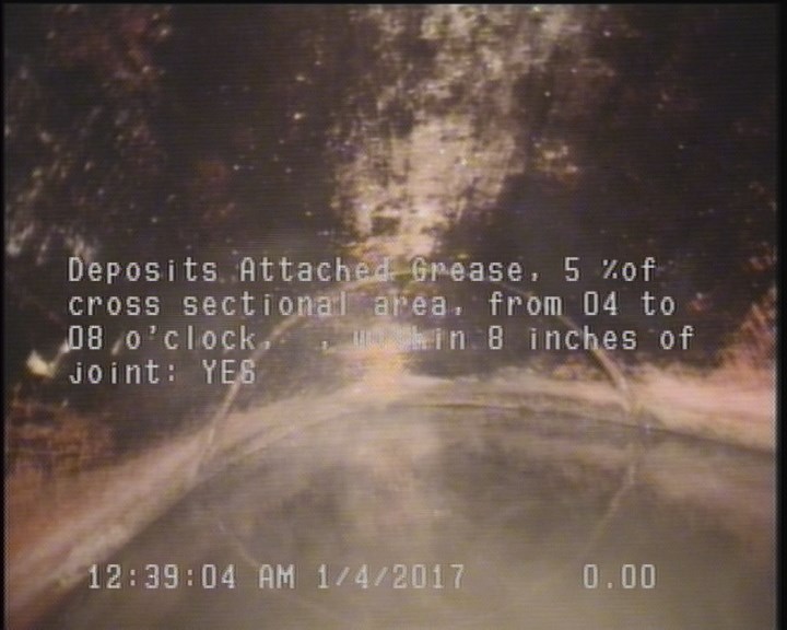 Deposits Attached Grease, 5 %of cross sectional area, from 04 to 08 o'clock, , within 8 inches of joint: YES