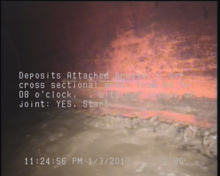 Deposits Attached Grease, 5 %of cross sectional area, from 04 to 08 o'clock, , within 8 inches of joint: YES, Start