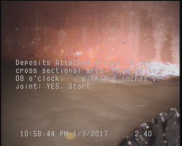 Deposits Attached Grease, 5 %of cross sectional area, from 04 to 08 o'clock, , within 8 inches of joint: YES, Start