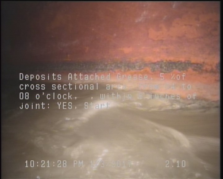 Deposits Attached Grease, 5 %of cross sectional area, from 04 to 08 o'clock, , within 8 inches of joint: YES, Start