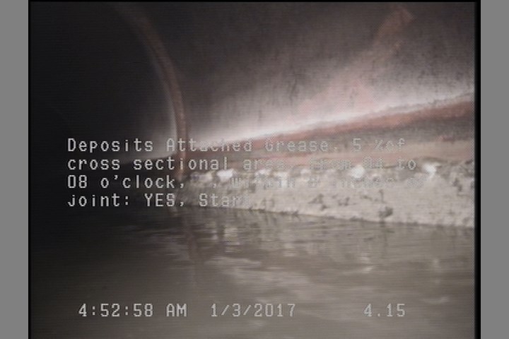 Deposits Attached Grease, 5 %of cross sectional area, from 04 to 08 o'clock, , within 8 inches of joint: YES, Start