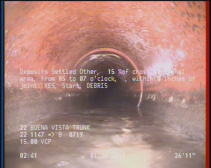 Deposits Settled Other, 15 %of cross sectional area, from 05 to 07 o'clock, , within 8 inches of joint: YES, Start - DEBRIS