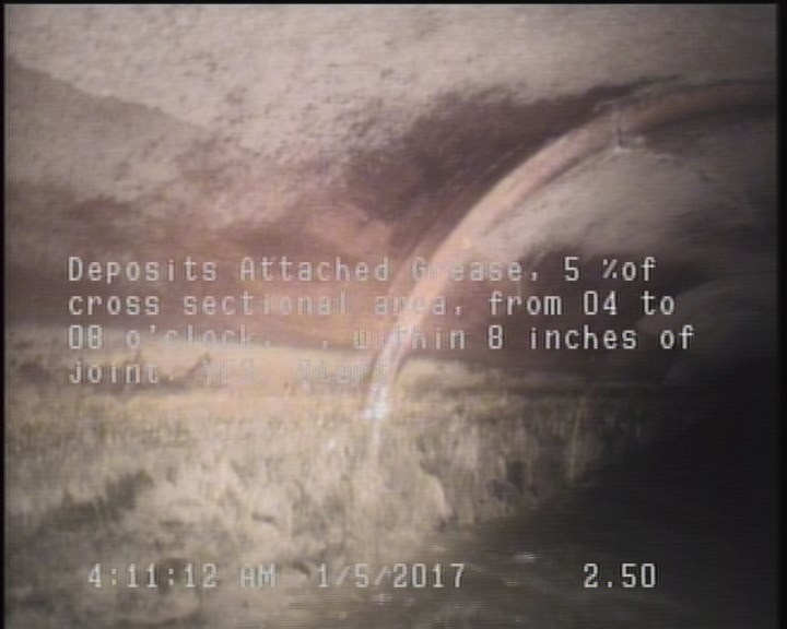 Deposits Attached Grease, 5 %of cross sectional area, from 04 to 08 o'clock, , within 8 inches of joint: YES, Start