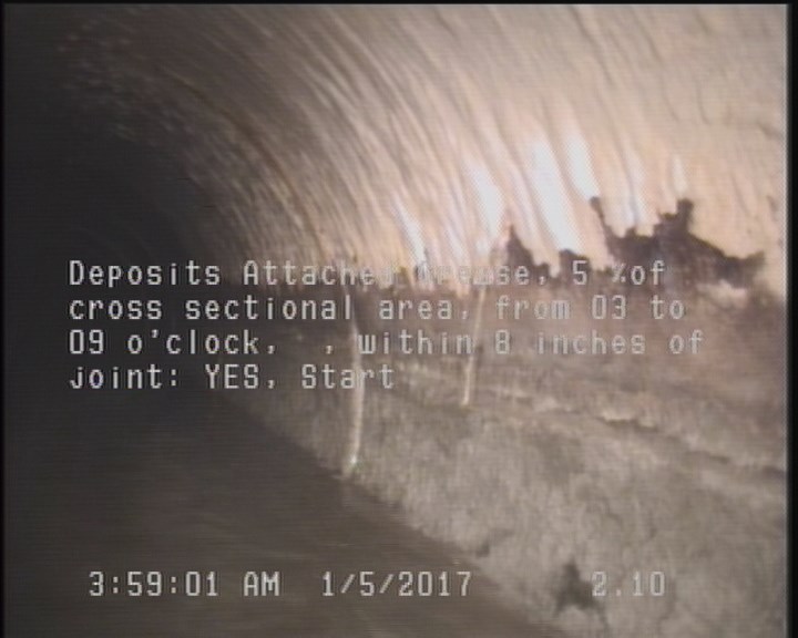 Deposits Attached Grease, 5 %of cross sectional area, from 03 to 09 o'clock, , within 8 inches of joint: YES, Start