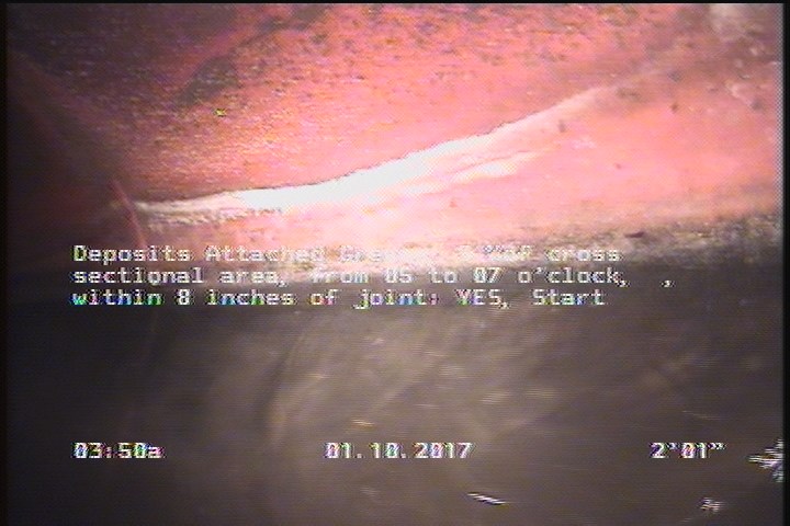 Deposits Attached Grease, 5 %of cross sectional area, from 05 to 07 o'clock, , within 8 inches of joint: YES, Start