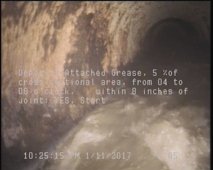 Deposits Attached Grease, 5 %of cross sectional area, from 04 to 08 o'clock, , within 8 inches of joint: YES, Start