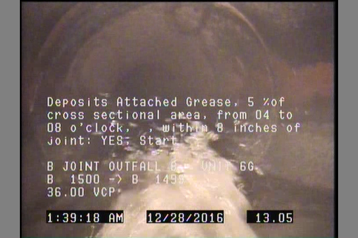 Deposits Attached Grease, 5 %of cross sectional area, from 04 to 08 o'clock, , within 8 inches of joint: YES, Start