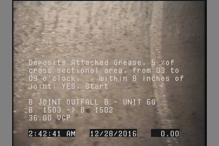 Deposits Attached Grease, 5 %of cross sectional area, from 03 to 09 o'clock, , within 8 inches of joint: YES, Start