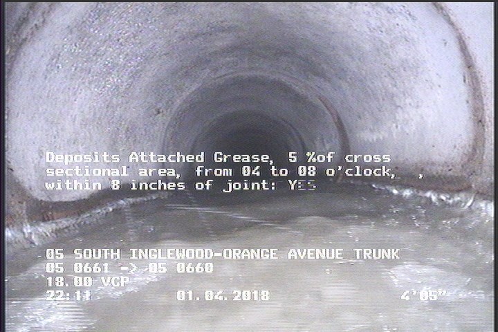 Deposits Attached Grease, 5 %of cross sectional area, from 04 to 08 o'clock, , within 8 inches of joint: YES, Start