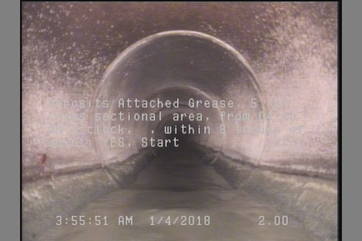 Deposits Attached Grease, 5 %of cross sectional area, from 04 to 08 o'clock, , within 8 inches of joint: YES, Start