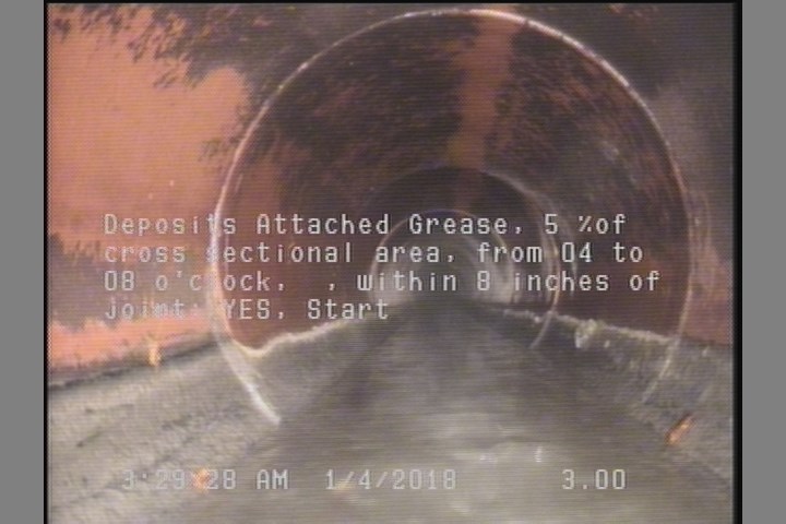 Deposits Attached Grease, 5 %of cross sectional area, from 04 to 08 o'clock, , within 8 inches of joint: YES, Start