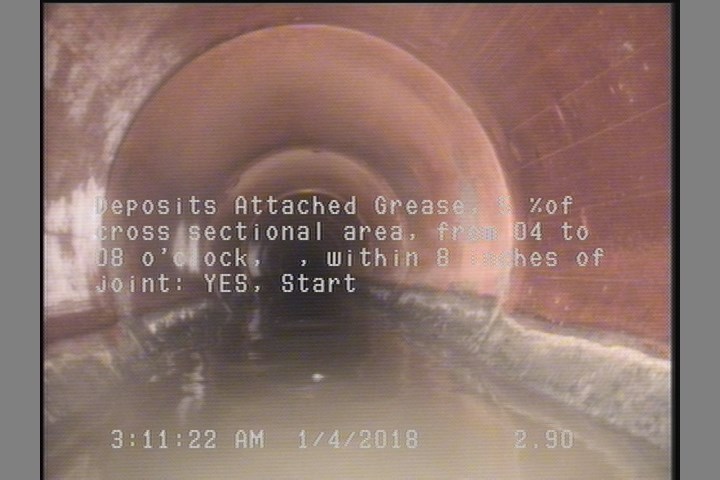 Deposits Attached Grease, 5 %of cross sectional area, from 04 to 08 o'clock, , within 8 inches of joint: YES, Start
