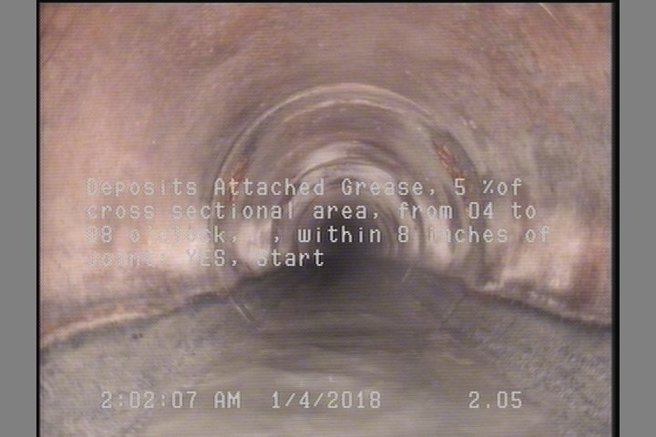 Deposits Attached Grease, 5 %of cross sectional area, from 04 to 08 o'clock, , within 8 inches of joint: YES, Start