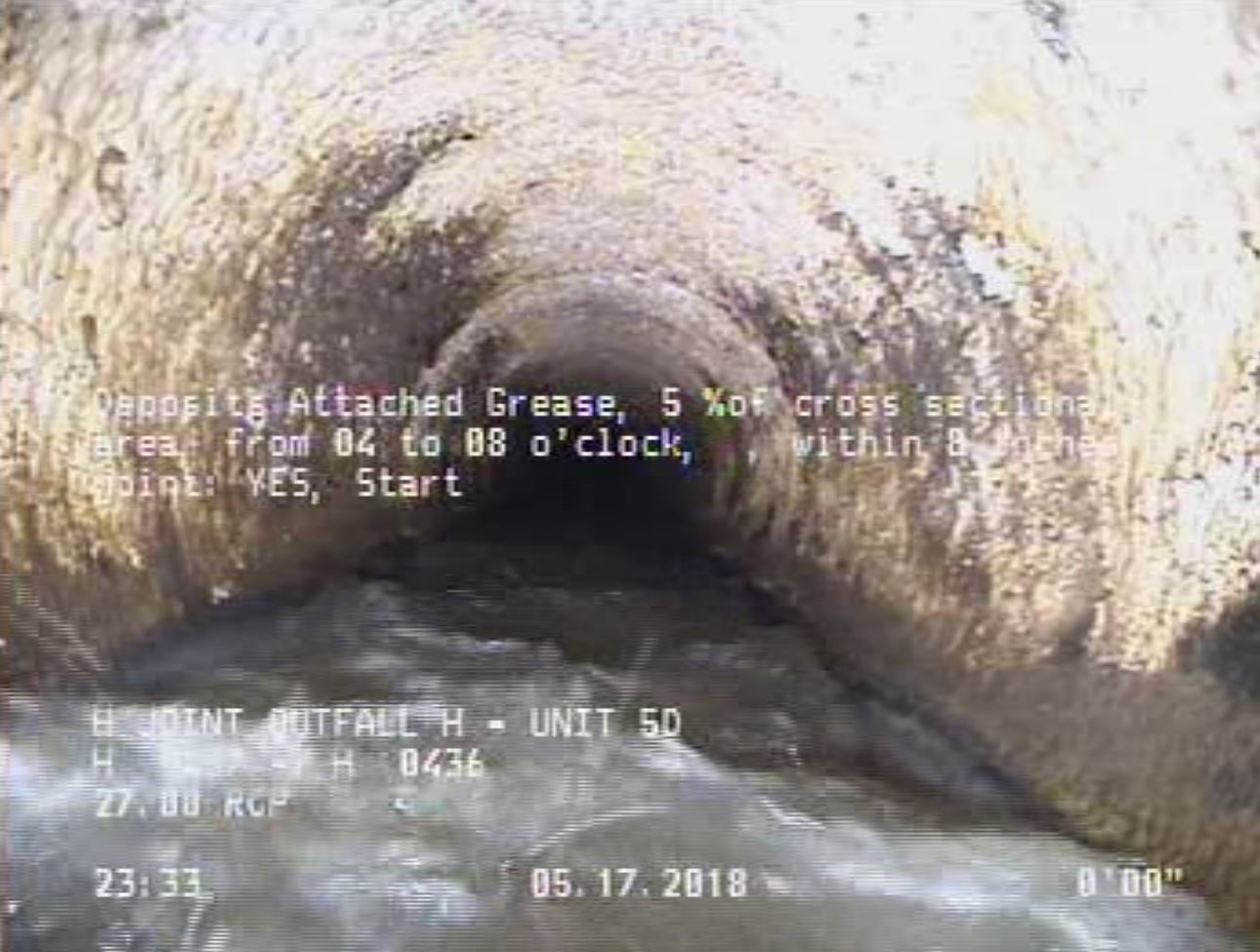 Deposits Attached Grease, 5 %of cross sectional area, from 04 to 08 o'clock, , within 8 inches of joint: YES, Start