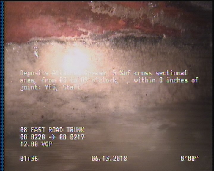 Deposits Attached Grease, 5 %of cross sectional area, from 03 to 09 o'clock, , within 8 inches of joint: YES, Start