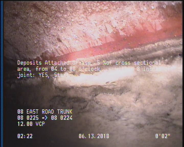 Deposits Attached Grease, 5 %of cross sectional area, from 04 to 08 o'clock, , within 8 inches of joint: YES, Start