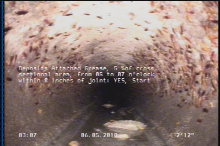 Deposits Attached Grease, 5 %of cross sectional area, from 05 to 07 o'clock, , within 8 inches of joint: YES, Start