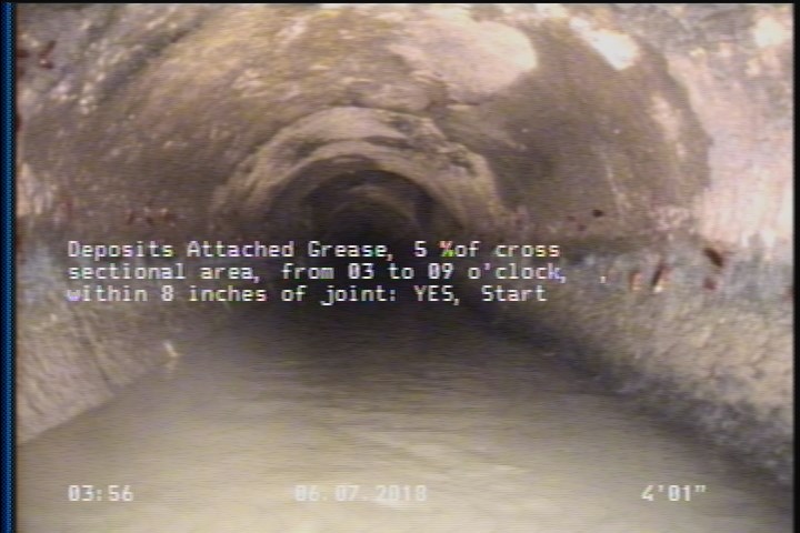Deposits Attached Grease, 5 %of cross sectional area, from 03 to 09 o'clock, , within 8 inches of joint: YES, Start