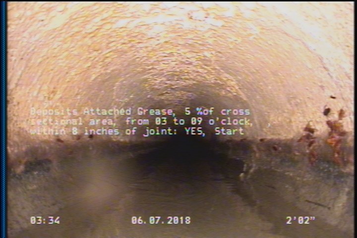 Deposits Attached Grease, 5 %of cross sectional area, from 03 to 09 o'clock, , within 8 inches of joint: YES, Start