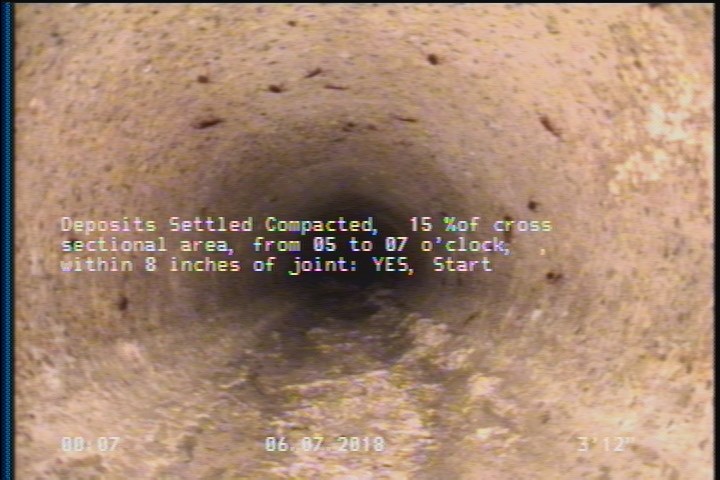Deposits Settled Compacted, 20 %of cross sectional area, from 05 to 07 o'clock, , within 8 inches of joint: YES, Start