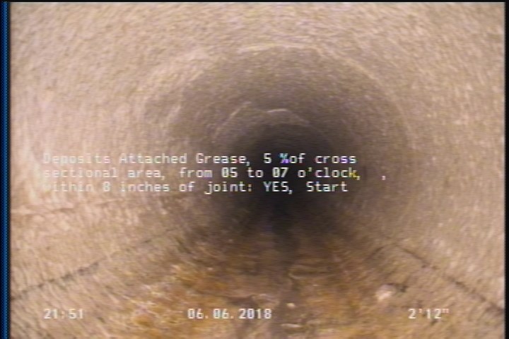 Deposits Attached Grease, 5 %of cross sectional area, from 05 to 07 o'clock, , within 8 inches of joint: YES, Start