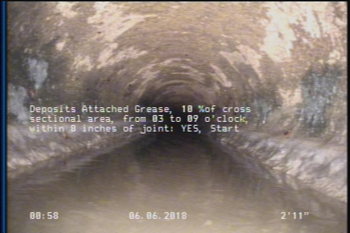 Deposits Attached Grease, 10 %of cross sectional area, from 03 to 09 o'clock, , within 8 inches of joint: YES, Start