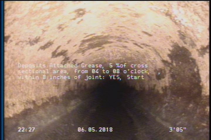 Deposits Attached Grease, 5 %of cross sectional area, from 04 to 08 o'clock, , within 8 inches of joint: YES, Start