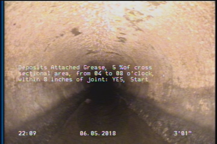 Deposits Attached Grease, 5 %of cross sectional area, from 04 to 08 o'clock, , within 8 inches of joint: YES, Start