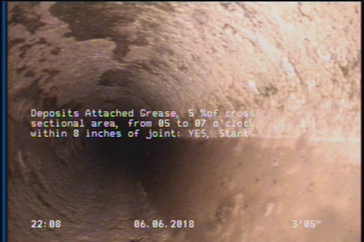 Deposits Attached Grease, 5 %of cross sectional area, from 05 to 07 o'clock, , within 8 inches of joint: YES, Start