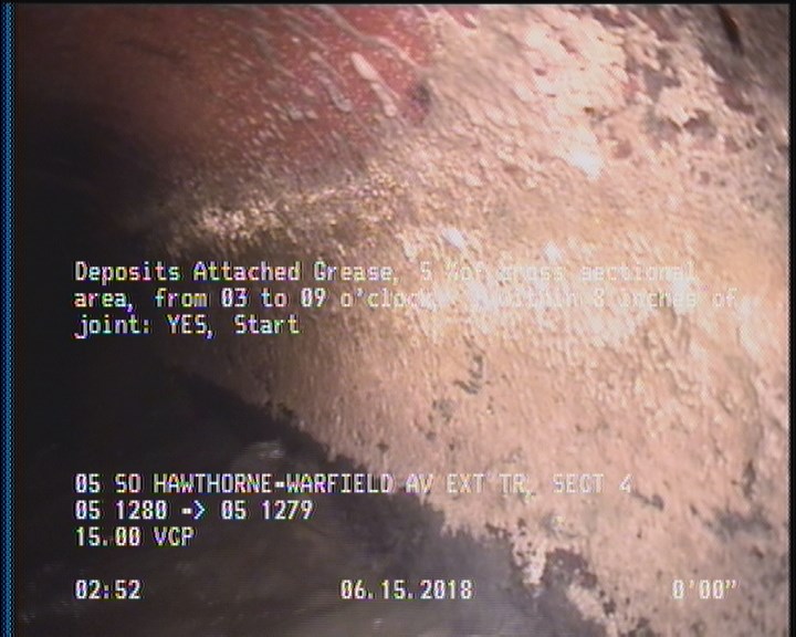 Deposits Attached Grease, 5 %of cross sectional area, from 03 to 09 o'clock, , within 8 inches of joint: YES, Start