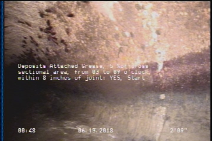 Deposits Attached Grease, 5 %of cross sectional area, from 03 to 09 o'clock, , within 8 inches of joint: YES, Start