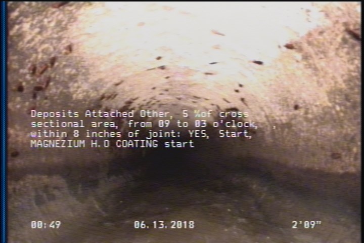 Deposits Attached Other, 5 %of cross sectional area, from 09 to 03 o'clock, , within 8 inches of joint: YES, Start - MAGNEZIUM H.O COATING start
