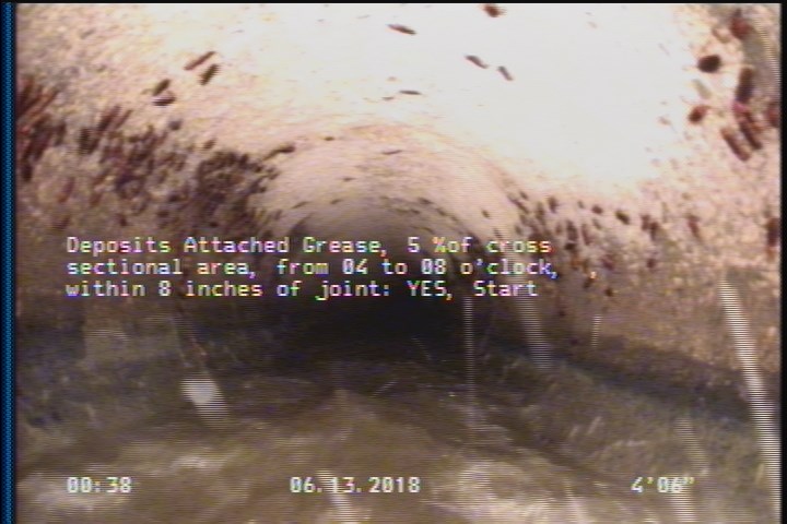 Deposits Attached Grease, 5 %of cross sectional area, from 04 to 08 o'clock, , within 8 inches of joint: YES, Start