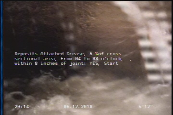 Deposits Attached Grease, 5 %of cross sectional area, from 04 to 08 o'clock, , within 8 inches of joint: YES, Start