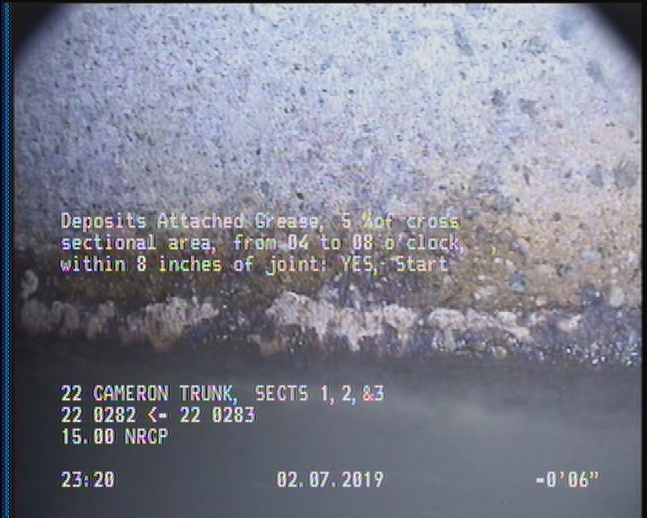Deposits Attached Grease, 5 %of cross sectional area, from 04 to 08 o'clock, , within 8 inches of joint: YES, Start