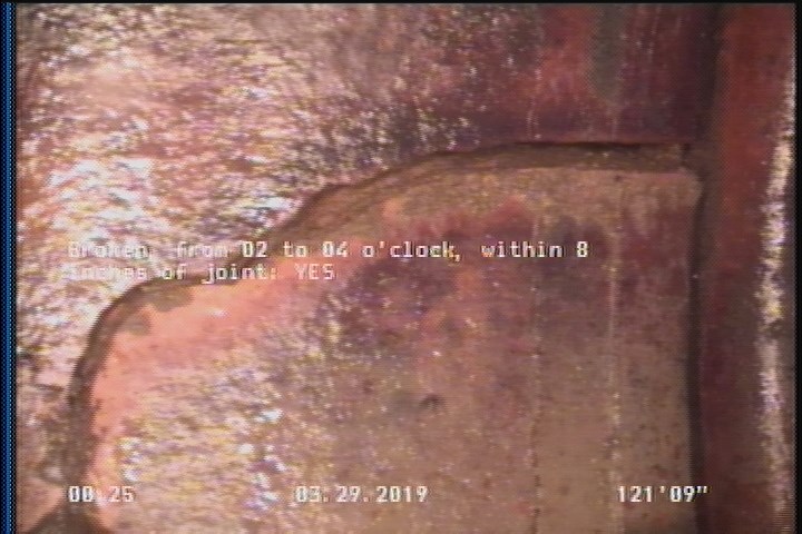 Broken, from 02 to 04 o'clock, within 8 inches of joint: YES