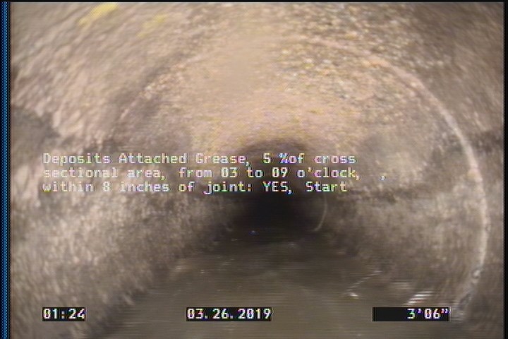Deposits Attached Grease, 5 %of cross sectional area, from 03 to 09 o'clock, , within 8 inches of joint: YES, Start